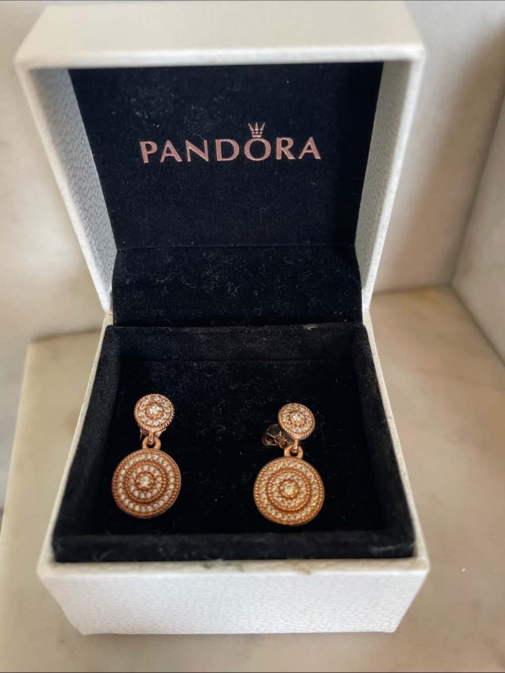 PANDORA Radiant Elegance Drop Earrings, PANDORA Rose, Clear Cubic Zirconia IOB